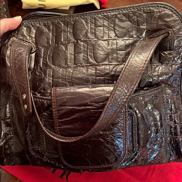 Carolina Herrera chocolate Brown Leather Bag monogram purse tote - Picture 2 of 10